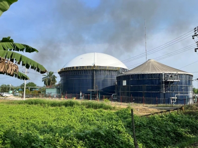 印尼廖內(nèi)省一棕油廠的罐頂雙膜氣柜安裝完成